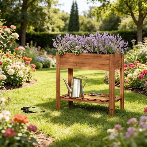 Bac potager surélevé 80x75x40 cm en bois marron avec étagère, gain de place – MEUBLIV (1/5)