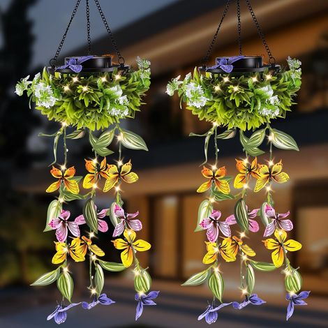 Guirlande lumineuse solaire féérique de jardin (lot de 2) avec papillons et fleurs artificiels et fausses plantes à LED et feuilles de saule. (1/5)