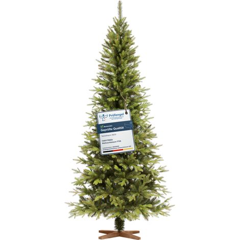 FAIRYTREES Sapin de Noël artificiel 220 cm Nordmann Premium SLIM Éléments naturels moulés par injection Fabriqué en UE Arbre de Noël avec support en bois de frêne fait à la main (1/5)