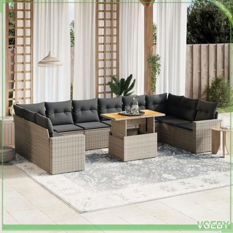 Salon de jardin 11 pièces - 3271487 - Résine tressée gris - Table réglable convertible - Coussins déhoussables (1/3)