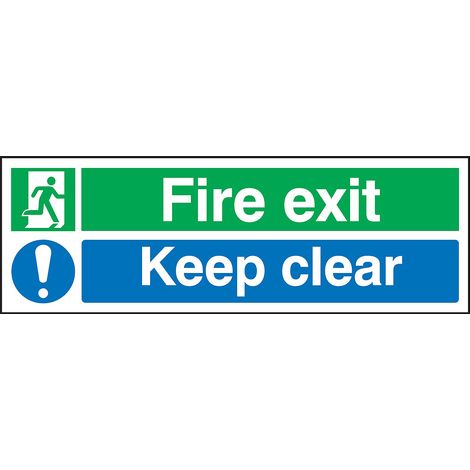 Panneau de sécurité incendie, Fire Exit Keep Clear, texte en Anglais, Bleu/Vert/Blanc, Plastique ( Prix pour 1 )
