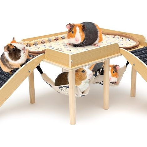 Maison Cochon d'Inde, 2 Hamacs pour Lapin Nain Hamster Petits Animaux Cabane Lapin en Bois avec 2 Rampes , Accessoire de Cage Intérieur, Cachette et Jouet pour Rongeurs, Gerbille, Rat, 40x30x25cm (1/3)