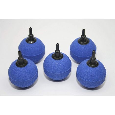 Lot de 5 pierres à air sphériques de 5 cm, tubes à oxygène frittés haute température, pierres à bulles d'air pour aquarium et bassin, plastique bleu (1/5)