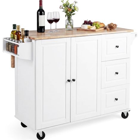 COSTWAY Carrello da Cucina in Legno,con Ripiano Ribaltabile,Ruote,3 Cassetti e Armadietto (1/5)