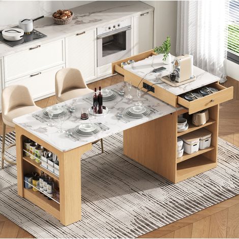 Mueble de cocina extensible 80 x 71-111-151 x 92 cm con ruedas y enchufes HAVRYA (1/5)