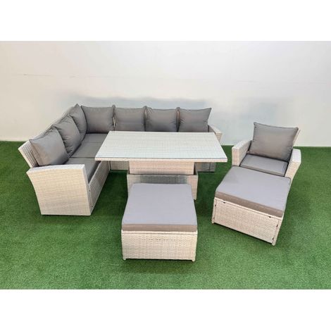 Fimous 9 Seat Rattan Outdoor Garden Furniture Corner Sofa Set Adjustable Lifting Dining or Coffee Table Set with 2 Big Footstools Light Grey (1/5)