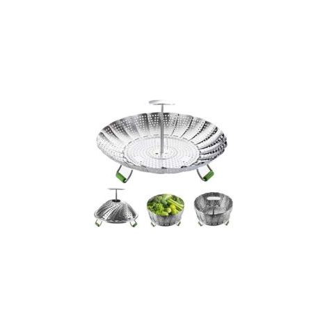 Cesta vaporera para verduras. Cesta vaporera plegable de acero inoxidable con asa central retráctil y extraíble. Ampliable para adaptarse a ollas de diferentes tamaños (de 14 a 23 cm).