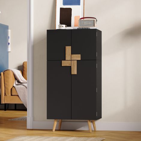 Armoire haute de cuisine 60x35x120 cm avec 4 portes, grand rangement, étagères réglables, rangements de porte, façades géométriques, MDF noir (1/5)