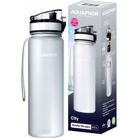 Botella con filtro de agua Aquaphor City de 0,5 l, blanca, ideal para la escuela, el trabajo o el entrenamiento. (1/5)
