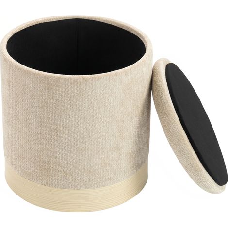 Pouf coffre rangement, tabouret rond en chenille, pouf repose-pieds avec base en métal effet bois, beige (1/5)