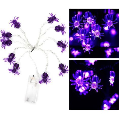 Guirlande lumineuse d'Halloween violette avec araignées, 2 m, 10 LED, pour décoration de fête d'Halloween, ambiance horrifique et décoration intérieure (boîtier à piles). (1/5)