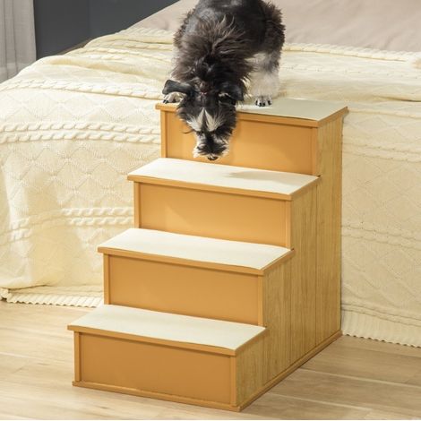 Escalera para mascotas (40x59x54.2 cm), de 4 peldaños, hasta 30 kg, con alfombrillas extraíbles, madera, color natural (1/5)