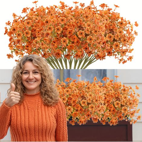 bouquets de fleurs artificielles résistantes aux UV plantes printanières et feuillage artificiel pour décoration jardin 10pcs orange (1/4)