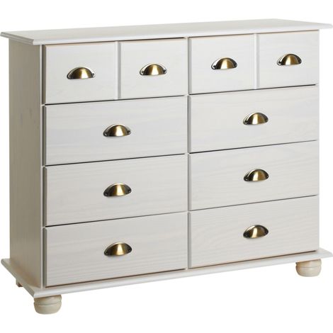 Idimex – Commode enfant en pin massif blanc – 8 tiroirs – Dimensions montées 80 x 92 x 39 cm (H x L x P) – Poignées en métal bronze