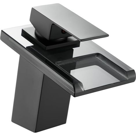 Robinet cascade pour salle de bain avec sortie d'eau en verre, mitigeur lavabo chromé anti-éclaboussures et économe en eau, cartouche céramique, accessoires de montage inclus. (1/5)