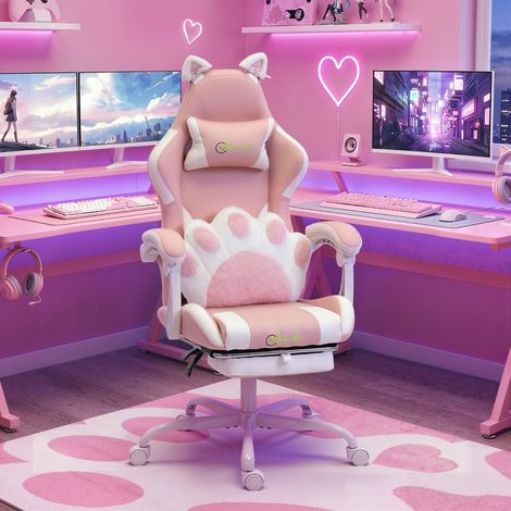 Fauteuil de jeu ergonomique, fauteuil gamer à oreilles de chat en similicuir avec soutien lombaire, repose-pieds et appui-tête, rose (1/4)