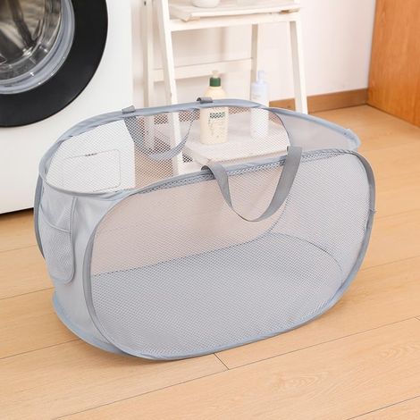 Panier à linge pliable gris, corbeille pop-up avec poignée pour salle de bain, chambre, buanderie. (1/5)