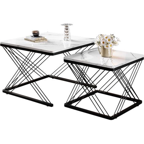 Set de 2 mesas de centro cuadradas con efecto mármol brillante, patas regulables y estructura de MDF, en negro y blanco, para salón, 30 kg por mesa CHICFURN (1/5)
