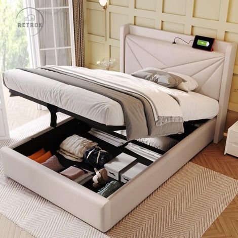 Lit coffre simple 90x200cm, coffre de lit avec chargement USB Type-C, sommier à lattes, tête de lit, lin, beige
