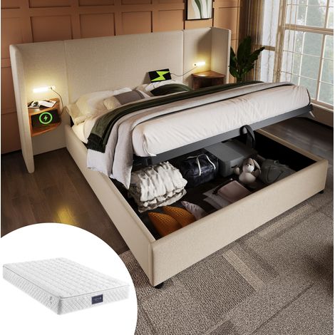 Bett mit Stauraum Leinen Beige 160x200 cm, mit Matratze, USB/Type-C, Leselampe und Lattenrost (1/5)