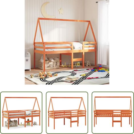 Kieferholz Bett - Hochbett mit Dach Wachsbraun 75x190 cm Massivholz Kiefer (1/5)