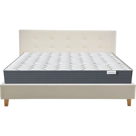 Ensemble Lit adulte 180x200cm avec tête de lit en velours beige - Milo + Matelas mémoire de forme - Memo HR (1/5)