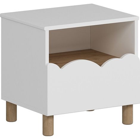 Table de chevet avec 1 tiroir et 1 niche – Blanc et naturel – NUBORELA