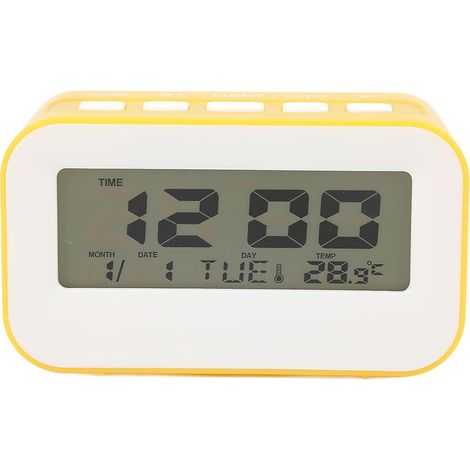 Réveil enfant LCD avec rétroéclairage, alarme musicale, fonction compte à rebours et rappel d'anniversaire réveil numérique jaune. (1/5)