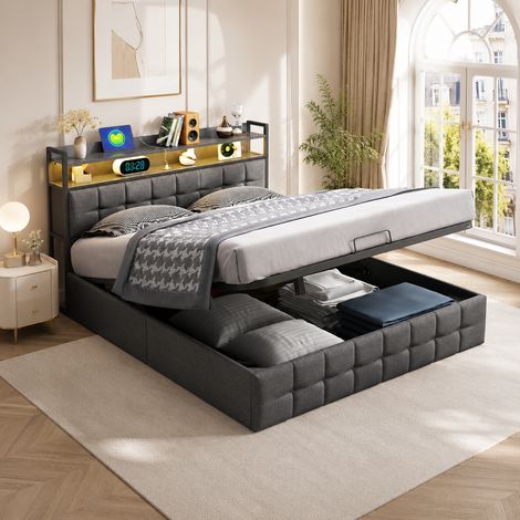Lit double adulte 140 x 200 cm - Lin - Noir - Style industriel vintage - LED réglable et chargement USB - Tête de lit avec rangement (1/5)