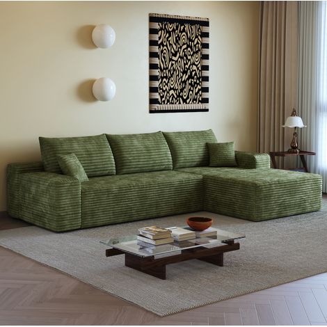 Divano angolare modulare 270 x 175 x 83 cm con chaise longue, tessuto a coste verde HAVRYA (1/5)
