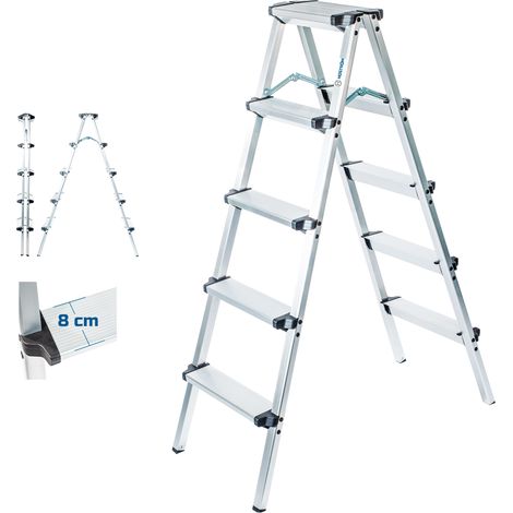HOMILIX5 Escalera de tijera de 5 peldaños, pequeña escalera plegable, aluminio, diseño compacto y robusto, altura máx. de trabajo 2,85 m, 5 años de garantía, Hostrom (1/5)