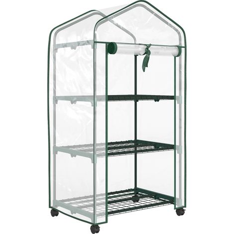 Mini serre de jardin avec 3 étagères, bâche PVC haute densité, porte enroulable, 4 roulettes, 69 x 49 x 130 cm, transparente (1/5)