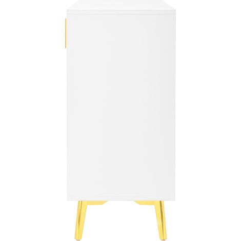 Credenza bianca in MDF con 4 ante e 4 cassetti, maniglie e gambe dorate, 140 x 38 x 82 cm (1/5)