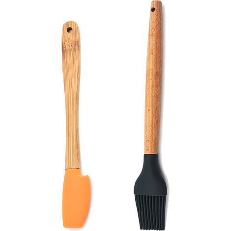 Ustensiles De Cuisine En Silicone - Manche En Bambou Naturel - Pour Pots Et Espaces Étroits - Lot De 2 Pièces (1/5)