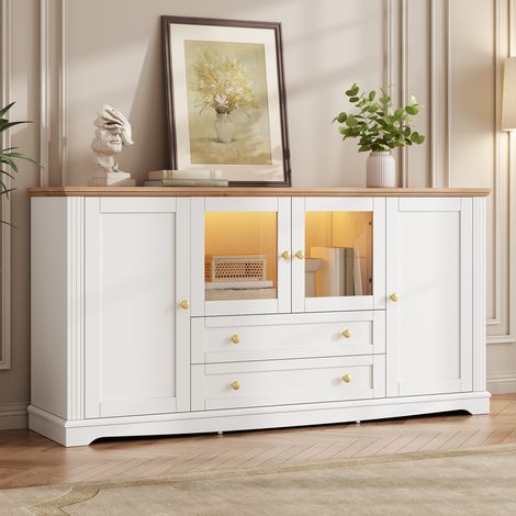 Buffet Bas avec 4 Portes dont 2 Vitrées, 2 Tiroirs et LED par Appli, Meuble de Rangement pour Salle à Manger, MDF et Poignées en Fer - Blanc (1/5)