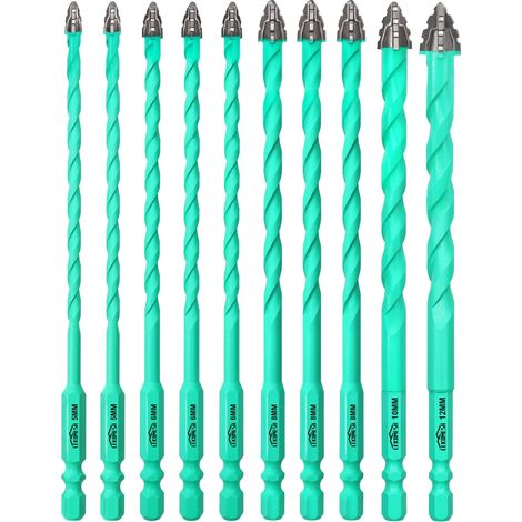 Foret carrelage diamant, set 10 pièces forets carbure à dents avec longues tiges pour carrelage, verre, marbre, béton, maçonnerie, bois et plastique, 5-12 mm, manipulation rapide (1/5)