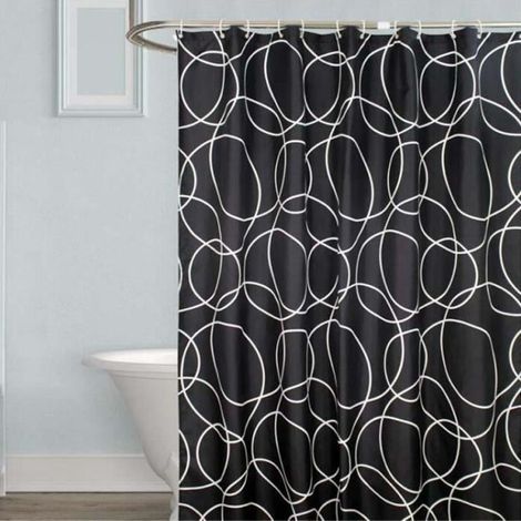 Black waterproof shower curtain 120x200cm, white circle pattern on polyester.
