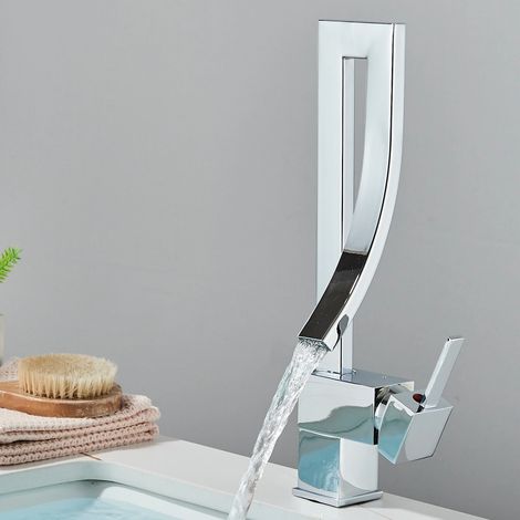 Robinet Salle de Bain Cascade, Design Elégant Robinet Lavabo, Mitigeur en Laiton, Eau Chaude et Froide Disponible, Robinetterie Chromé (1/5)