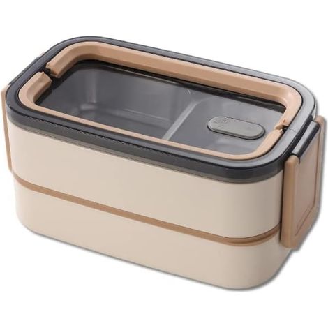 Boîte à déjeuner à 2 étages, 304 Acier inoxydable Boite Repas avec Couverts, 1400 ml Bento Box pour Micro Ondes, Bento Lunch Box Kit pour Pique-Nique Travail Goûter, sans BPA, Étanche (1/3)