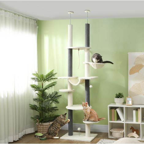 Arbre à chat plafond réglable 225-255 cm avec hamacs, griffoirs, panier et jouets, stable pour 1 à 2 chats, blanc - CHICFURN (1/5)