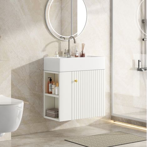 Meuble vasque suspendu 55x31x66,5 cm plastique blanc, rangement pour petite salle de bains – MEUBLIV (1/5)