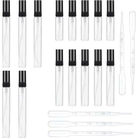 Set di 21 flaconi spray tascabili portatili, mini atomizzatori di profumo, mini flaconi spray in vetro, per profumi e oli essenziali, cosmetici (3 ml, 5 ml, 10 ml) neri con 6 pipette (1/5)