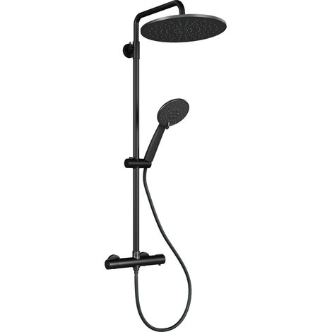 Colonne de douche thermostatique bain/douche – Sécurité 38°C anti‑brûlure – Tête pluie 250 mm – Douchette 3 jets – Barre facile à poser – Flexible 1,5 m – Noir mat – 40mm round top and bottom water ou
