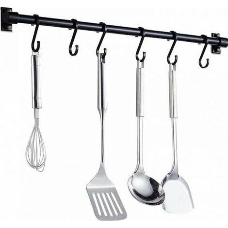 40CM Barre Murale Cuisine Ustensiles - Barre Étagère de Cuisine avec 6 Crochets Amovibles - Rack Porte Étagère à Fixation Murale pour Ustensiles de Cuisine (Noir) (1/5)