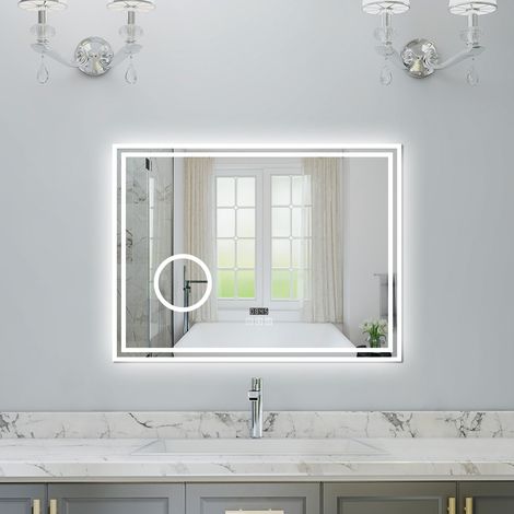 800x600mm Bluetooth 3 Color Bathroom LED Mirror , Dimmable Illuminated Backlit Bathroom Mirror with Desmister, Magnifiying, Clock, Touch, Brightness Memory, 3000K-6000K