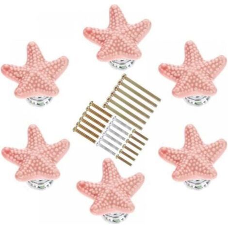 (6 Pcs) Starfish Cabinet Knobs in Various Sizes, Ceramic Kitchen Cabinet Handles, for Kitchen Cabinets, Kids Rooms (Pink) (1/4)