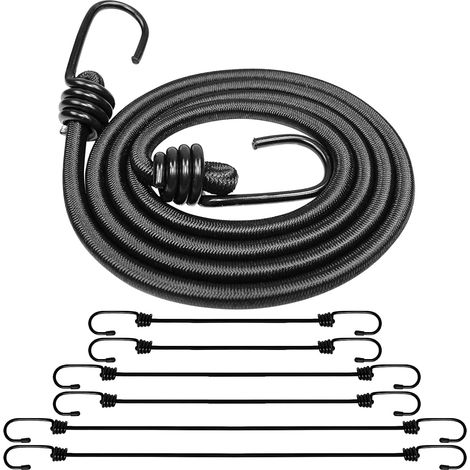 Sangles en caoutchouc, lot de 6 élastiques robustes avec crochets, 3 longueurs différentes, pour le camping et les activités de plein air, noir. (1/5)