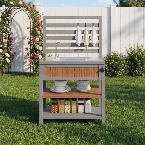 Armario exterior con fregadero y grifo, abridor de botellas, estantes regulables de madera OKWISH (1/5)