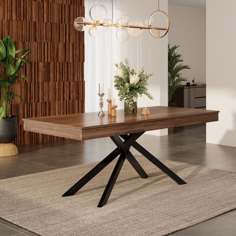 Table à manger extensible 140-180 x 80 cm, 6 à 8 places, rectangulaire, pieds croisés en métal, MDF, décor noyer (1/5)