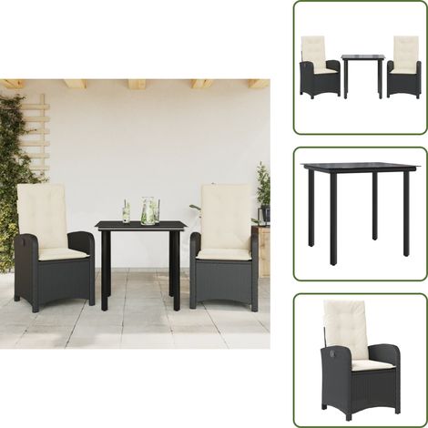 Rattanstuhl - vidaXL 3-tlg. Garten-Essgruppe mit Kissen Schwarz Poly Rattan - Sitzkissen (1/5)